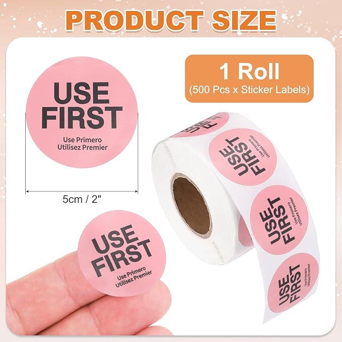 PATIKIL 500 Pcs USE First Stickers, 2 inch Round Use First Stickers Food Service Circle Inventory Control Adhesive Labels for Food Service Kitchen Restaurants Retail Storage Date, Pink