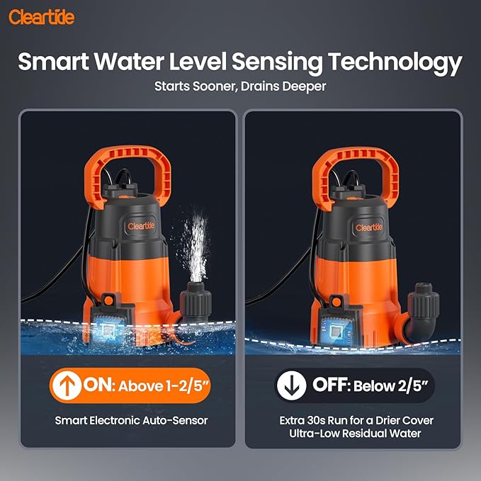 Cleartide Submersible Sump Pump with Smart Water Sensor, 1/3 HP 2790GPH High-Capacity Utility Pump, Auto and Manual Mode Handles 3/8" Solids, for Pool, Basement, Garden Drainage