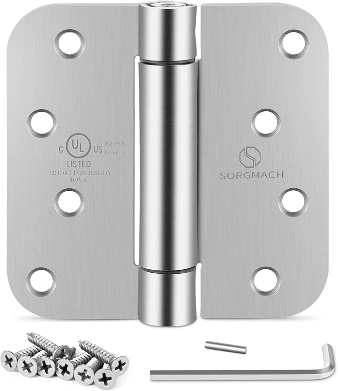 Self Closing Door Hinges 4 inch Satin Nickel Auto Close Hinge Adjustable 4" x 4" Spring Hinges 5/8" Radius Corner Commercial Door Closer Hinge UL Listed, 6 Pieces