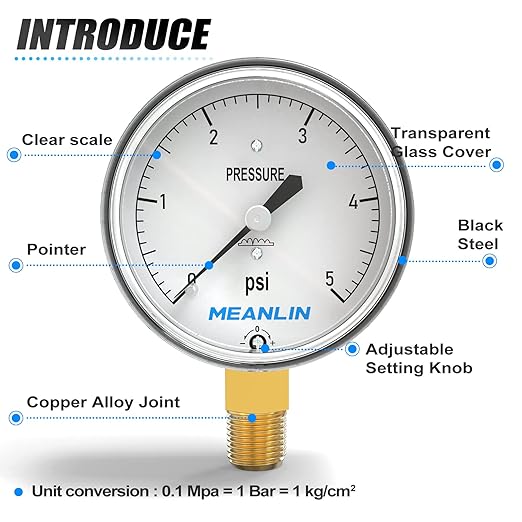 MEANLIN MEASURE 0-5psi Diaphragm Type Capsule Low Pressure Gauge 1/4" NPT 2-1/4" FACE DIAL Adjustable Water Column Gauge, with 1/4" x 1/2" NPT and 1/4" x 3/8" NPT Hex Bushing, Lower Mount