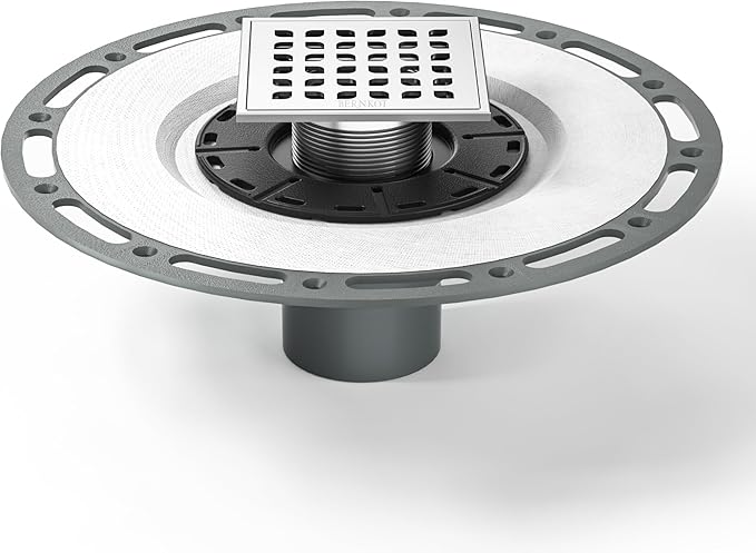 Square Shower Drain, 4" Brushed 304 Stainless Steel Drain Grate Removable Drain Key with PVC Bonding Flange Base for Low Profile Shower Floor Tiles, CUPC Certified