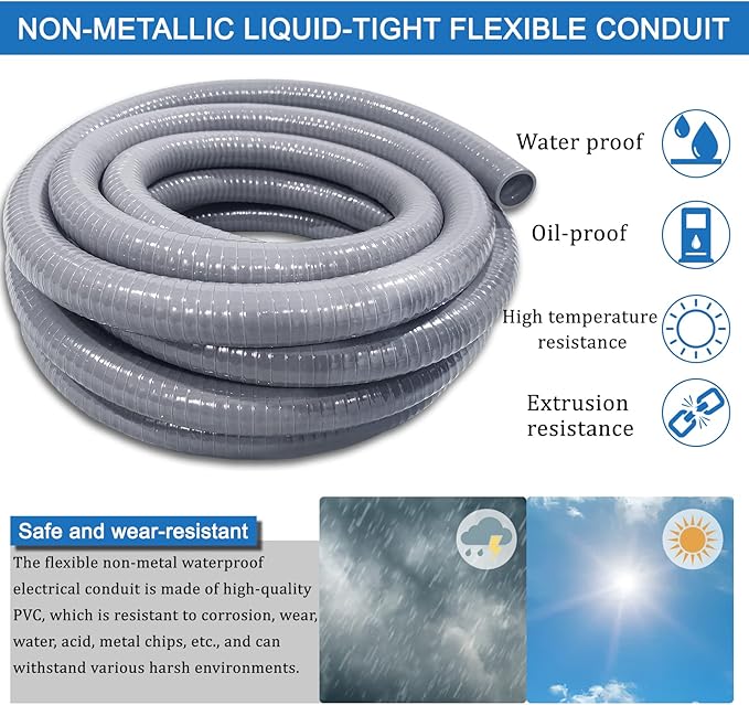 Liquid-Tight Conduit 100 ft and 8 Pieces of Connector Kit,Electrical Conduit 3/4 100ft UL Certification,Flexible Conduit with 5 Straight and 5 90-Degree Conduit Connector Fittings