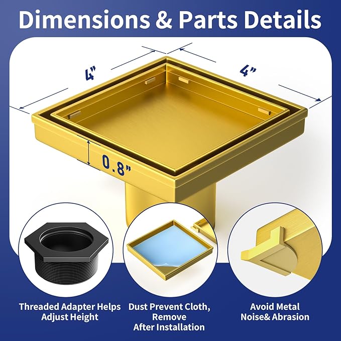 Square Shower Drain 4", Brushed Gold Floor Drain with Tiled Insert Grate & Hair Strainer, 304 Stainless Steel Bathroom 2-in-1 Tiled in Drain, CUPC Certified (Brushed Gold, 4'')