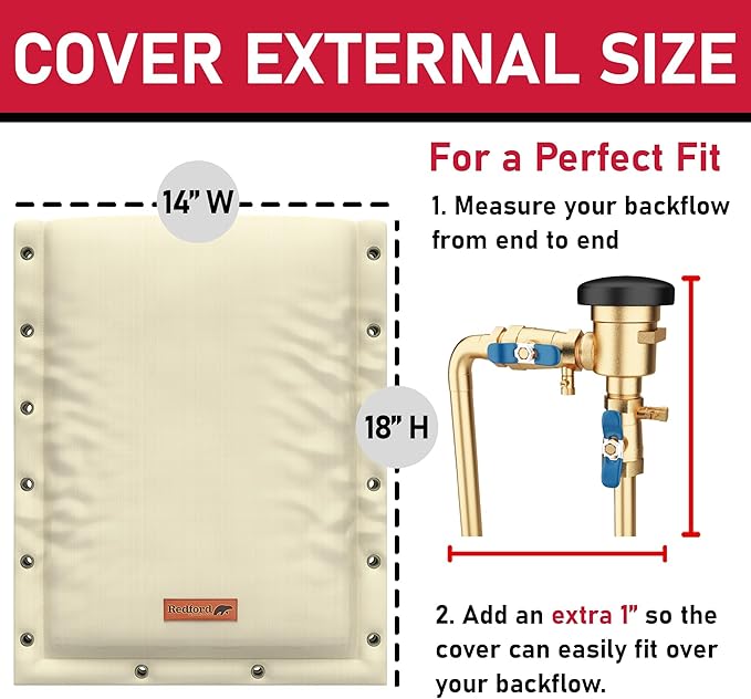 Redford Supply Co. Cold Snap (5°F) Backflow Preventer Insulation Cover, 3-Way Custom, 14"W x 18"H, Pipe Insulation, Water Sprinkler Covers for Outside, Sprinkler Backflow Cover for Winter (Beige)
