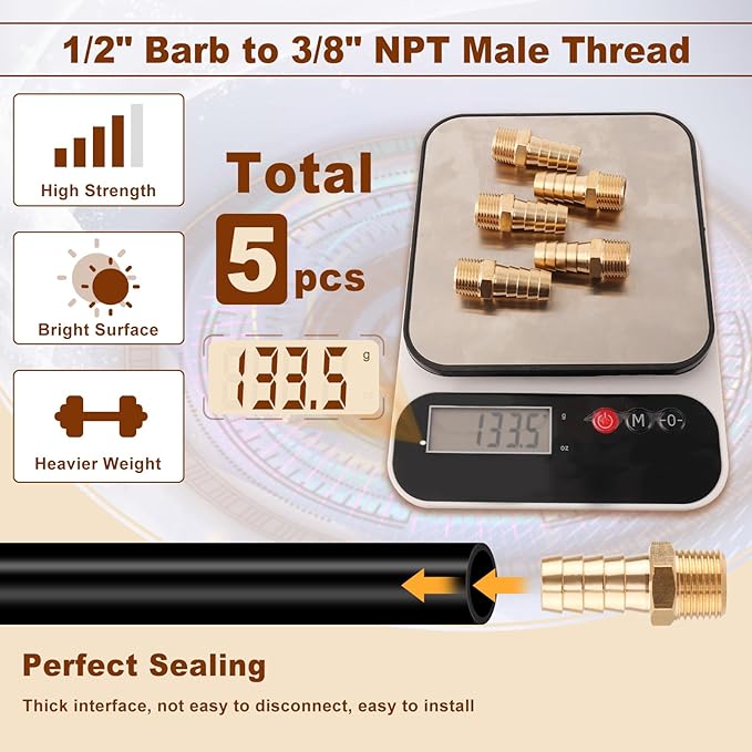 5pcs Brass Hose Barb Fittings 1/2 Inch Barb to 3/8 Inch NPT Male Thread Air Hose Fittings Adapter Connector Water Fuel Air Line Fittings 1/2” Barb × 3/8” NPT Brass Fittings