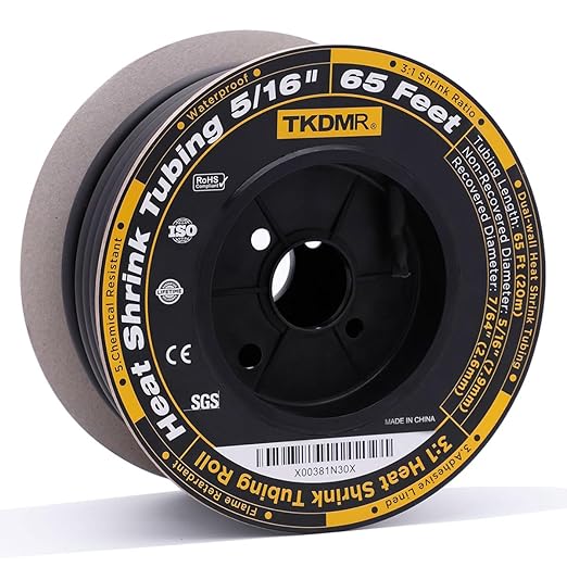 TKDMR 65 Ft 5/16" Heat Shrink Tubing - 3:1 Ratio Marine Grade Heat Shrink,Wire Cable Adhesive Lined Tube Insulation Seal Against Moisture Corrosion and Air Leakage.Black