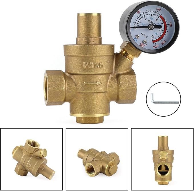 Topteng DN15 Brass Adjustable 1/2" Water Pressure Regulator Reducer With Gauge Meter
