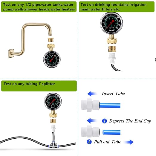 Bernoi Liquid Filled Water Pressure Gauge Kit with 5 Parts, 0-200 Psi, Standard 3/4" Female Garden Hose Thread Water Pessure Gauge for Home