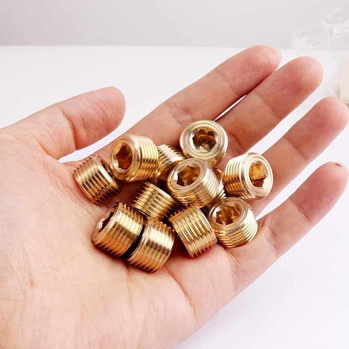12PCS Brass Pipe Plug Fitting 3/8" NPT Male Plug Hex Counter Sunk Plugs,Internal Hex Thread Socket Pipe Plugs Kit