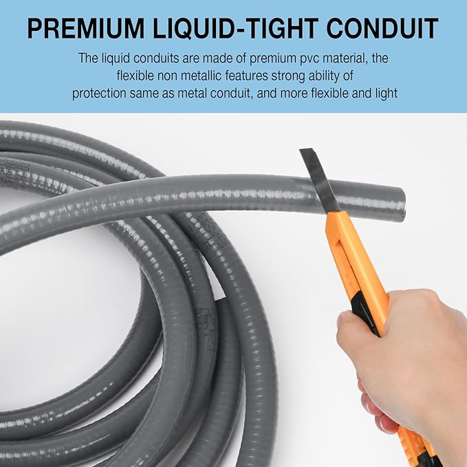 HOXHA 1/2 Inch 6 Ft Electrical Conduit Kit AC Whip Kit Flexible PVC Non Metallic Liquid Tight Conduit, Electrical Wire Conduit Pipe with Straight and 90-Degree Conduit Connector Fittings