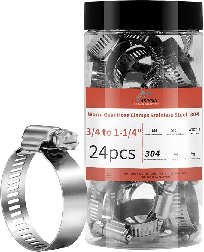 24 Pack 3/4-1 1/4" Worm Gear Hose Clamps, Adjustable Range 18-32mm 304 Stainless Steel Fuel Line Hose Clamps for Pipe, Plumbing, Automotive and Mechanical Application