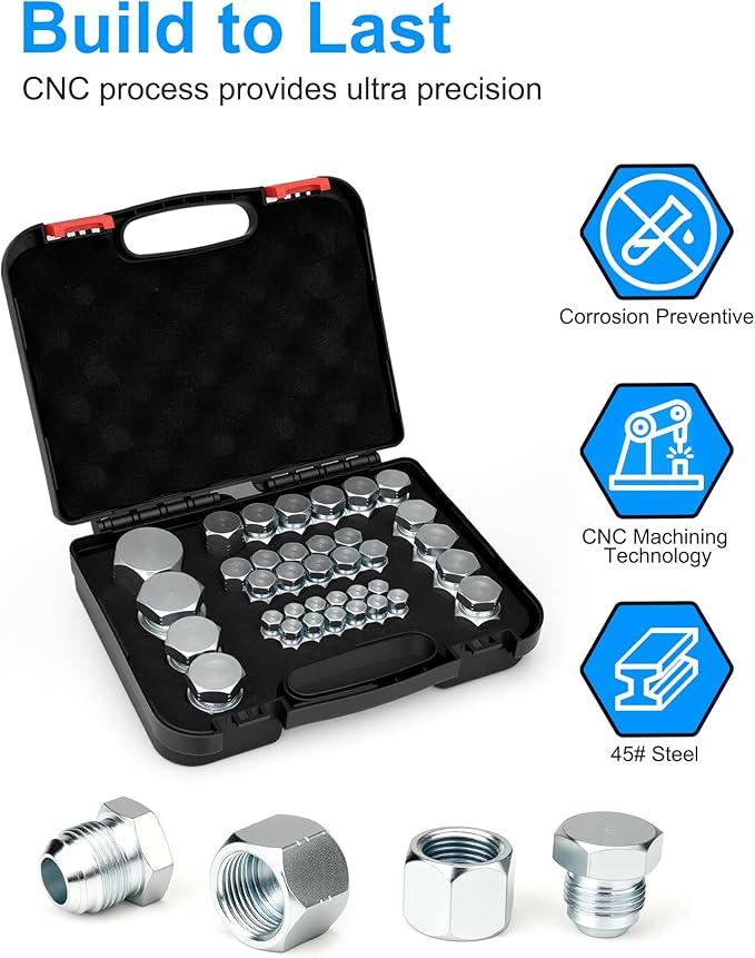 JIC Plug and Cap Kit, 72Pcs 37 degree Flare thread cap & plug assortment set, Hydraulic hose tube and pipe fittings set end protection for industrial equipment repair, size 4 6 8 10 12 16