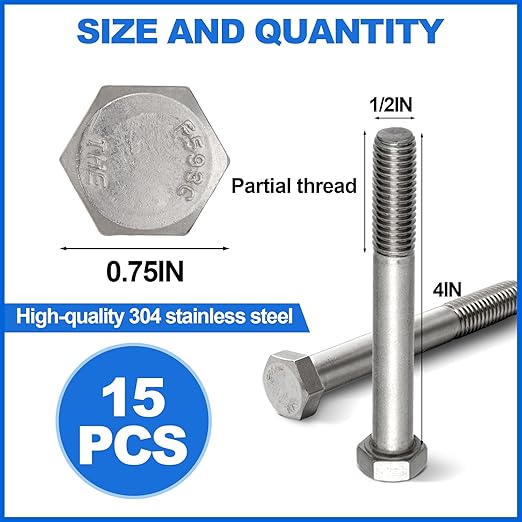 15 Pack 1/2-13 x 4'' Hex Head Cap Screw Bolt 304 Stainless Steel Half Thread External Hex Drive Screw Bolt Fastener for Wet Outdoor Metal Framing Concrete Reinforcement Railing Trellises