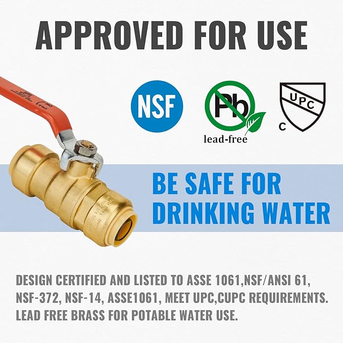 SUNGATOR 3/4 Inch Ball Valve, 3/4" Shut Off Valve, No Lead Brass Push-to-Connect Plumbing Water Shutoff for PEX Pipe, Copper, CPVC, PE-RT, with 1 Disconnect Clip, Pack of 6