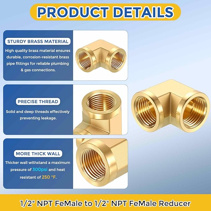 1 Pack Brass Pipe Fittings, 90 Degree 1/2" FeMale NPT to 1/2" FeMale NPT Barstock Street Elbow, Forged Pipe Fitting Connector for Air, Oil, LP
