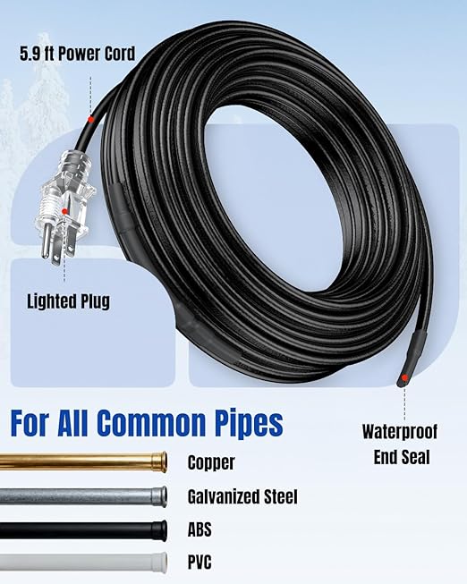 Pawfly 12 FT Heat Tape for Water Pipes, 8 W/ft 120 V Pipe Heating Tape, Self-Regulating Heat Trace for Pipe Freeze Protection, Heating Cable for Pipes Roofs, Keep Water Flowing at -40 °F