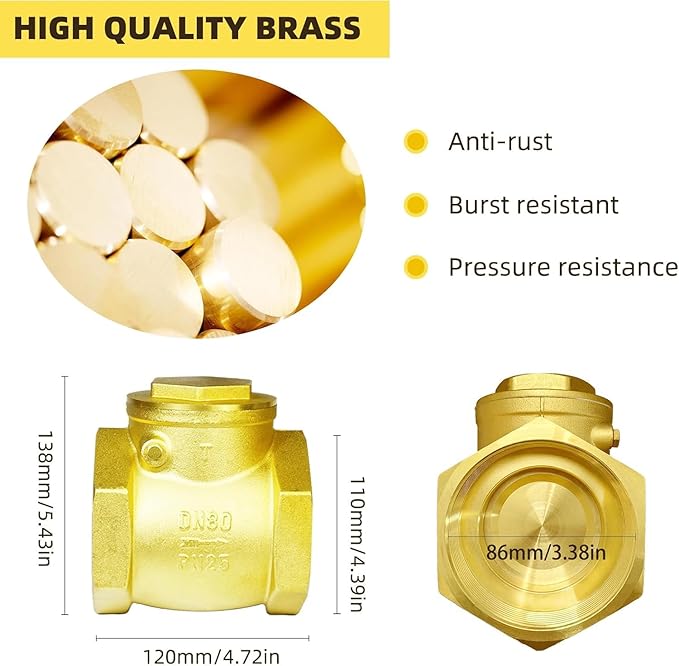 3"NPT Horizontal Brass Check Valve - Prevents Water Backflow, Suitable for Sewage Pumps & Air Compressors (DN80)
