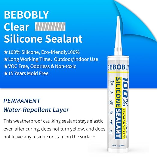 Silicone Caulk & Sealant Clear, 100% Waterproof Silicone Sealant, Shrink & Crack Proof, Silicone Sealant Caulking for Kitchen, Bathroom, RV, Interior & Exterior Use, 10.2 FL. OZ/300ML, 1 Pack