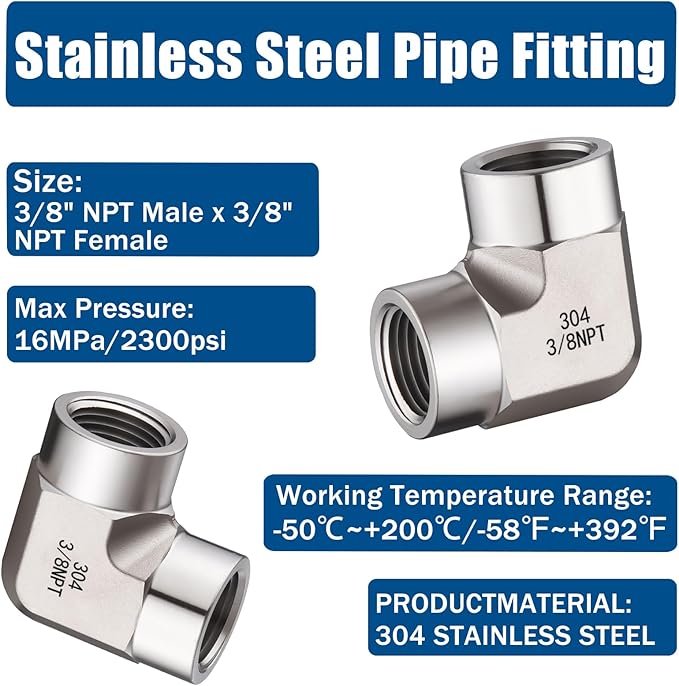 Stainless Steel Pipe Fitting,90 Degree Barstock Street Elbow, 3/8" NPT Female x 3/8" NPT Female (Pack of 2)