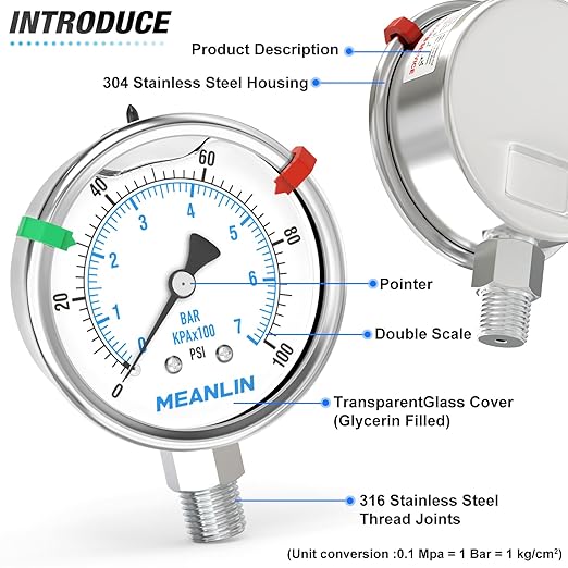 MEANLIN MEASURE 0~100Psi Stainless Steel Liquid Filled Pressure Gauge 2.5" FACE DIAL 1/4" NPT for Well Pump Tire Water Pressure Tester Lower Mount with Stainless Steel Hex Bushing and Snaps