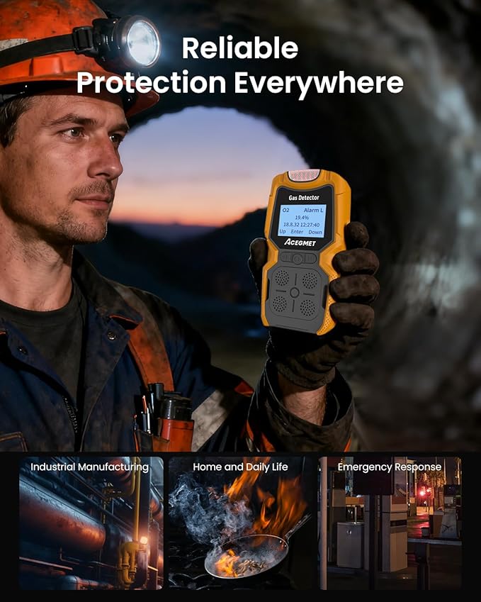ACEGMET MG10 Gas Detector with Type-C Charging, 4 Gas Monitor Multi Gas Detector, Vibration, Visual and Audible Alarms, 14h Battery Life, for Work, Home, Orange
