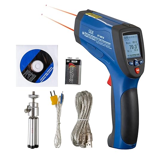 CEM DS 50:1 Infrared Thermometer Temperature Gun,-58°F to 2192F°Adjustable Emissivity IR Temp Gun,Dual Laser HVAC Cooking Pyrometer,0.15S Response Thermal Heat Leak Detector with K-Type Probe&USB