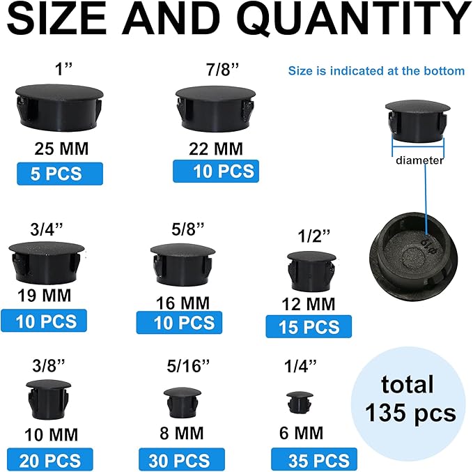 135Pcs 8 Sizes Nylon Plastic Hole Plugs 1/4" 5/16" 3/8" 1/2" 5/8" 3/4" 7/8" 1", Hole Plugs for Round Holes, Screw Hole Covers, Base Plugs, Furniture & Cabinet Hole Cap - Black