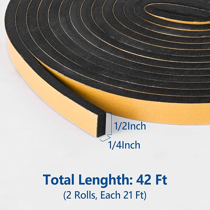 Kikerike Self Adhesive Foam Tape Weatherstrip 1/2In x 1/4In x 42Ft High Density Foam Insulation Strips Seal Weather Stripping with Strong Adhesive for Door and Window Sound Isolation Soundproofing