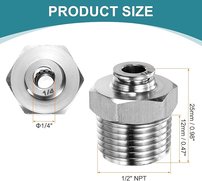 HARFINGTON Push to Connect Fittings 1/4" Tube OD x 1/2" NPT Thread Male Straight Union Fitting 304 Stainless Steel Quick Connect Pneumatic Accessories for Trailers Air Brake System