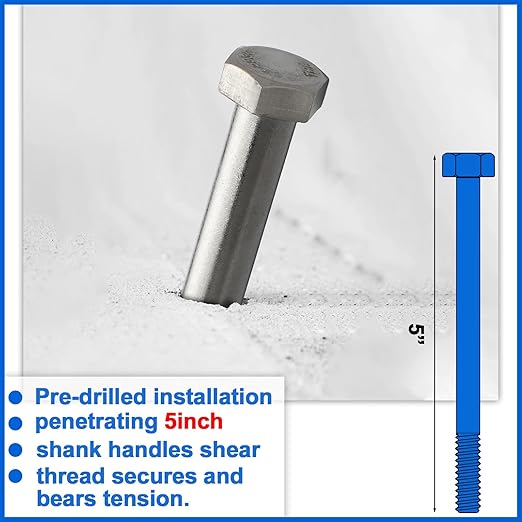 15 Pack 1/2-13 x 5'' Hex Head Cap Screw Bolt 304 Stainless Steel Half Thread External Hex Drive Screw Bolt Fastener for Wet Outdoor Metal Framing Concrete Reinforcement Railing Trellises