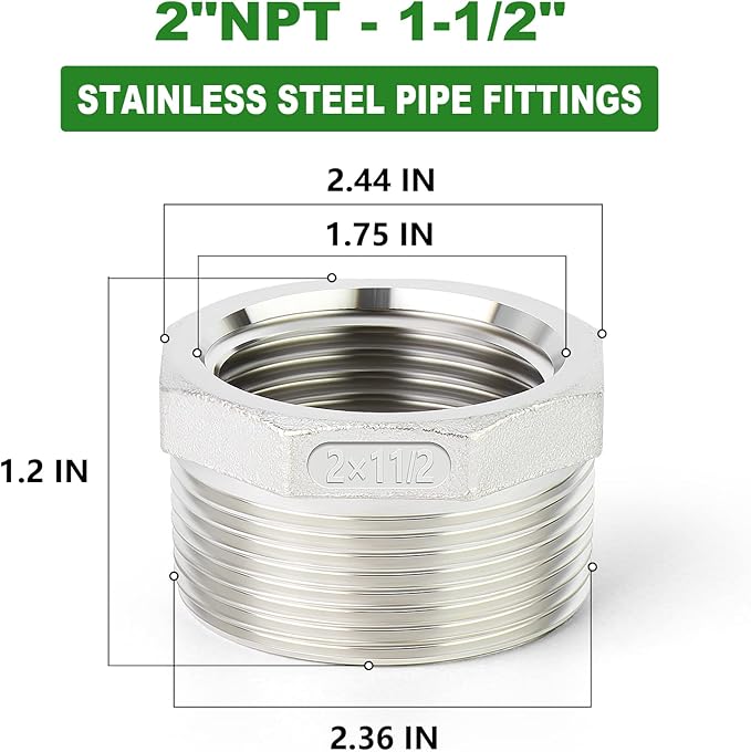 TAISHER 2PCS 304 Stainless Steel Reducer Hex Bushing, 2" NPT Male x 1-1/2" NPT Female, Reducing Pipe Adapter Fitting