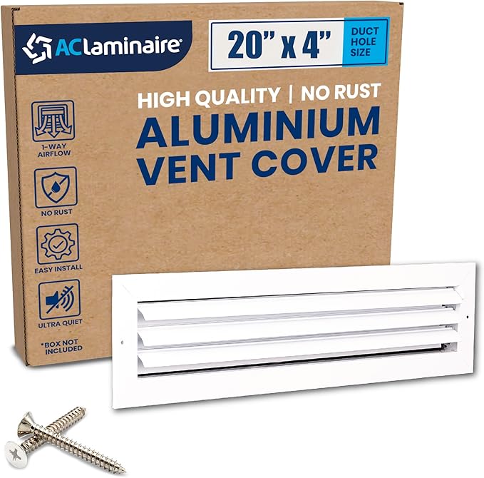 20x4 Inch (Duct Opening) Aluminum 1-Way Air Flow Vent – HVAC Vent Cover for Wall or Ceiling – Quiet HVAC Wall Register with Multi-Shutter Damper – Adjustable Curved Blade - Plastic Seal for Tight Fit