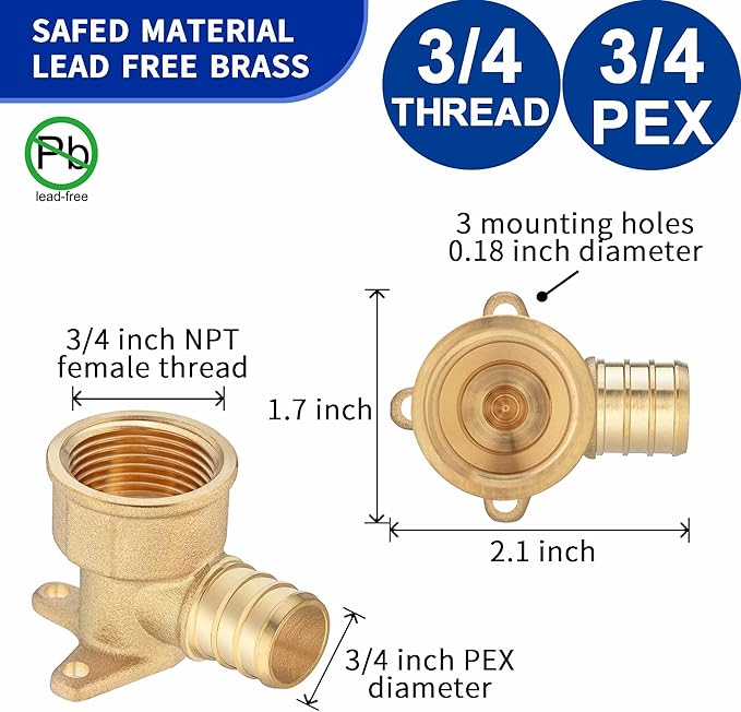 (10 Pack) Lidertik 3/4 Drop Ear Elbow Pex Adapter, 3/4" PEX B F1807 to 3/4" NPT Female Threaded Adapter Brass LI-APXDEE3434 (10 Pieces)