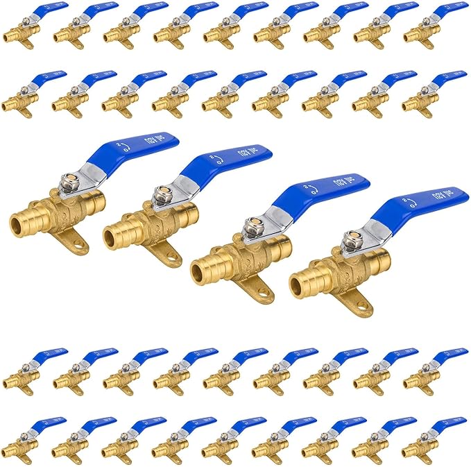 40-Pack Foskan 1/2" Brass PEX Expansion Drop Ear Ball Valve with Blue Handle, Full Port Shut-off Valve for Hot and Cold Water Distribution