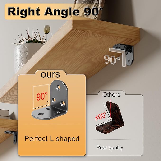 Alise 4Pcs Stainless Steel L Brackets for Shelves Black, Small Floating Shelf Brackets, 90 Degree Right Angle Bracket, Heavy Duty Metal L Bracket Corner Brackets for Wood Furniture (1.97X1.97 in)