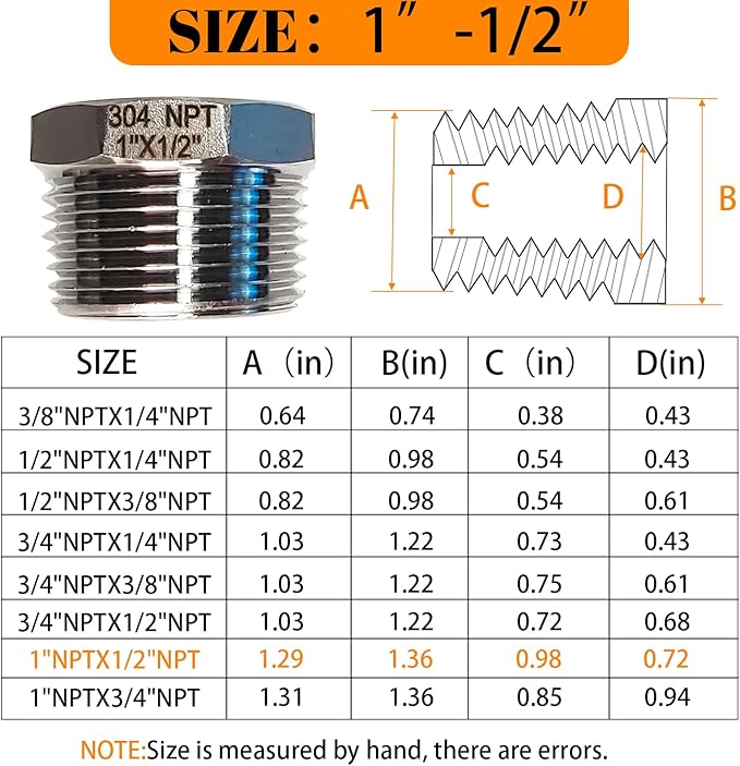 2 Pcs Stainless Steel Bushing 1" Male to 1/2" Female, 1" to 1/2" NPT Adapter Hex Stainless Steel Reducing Pipe Adapter Fitting Pipe Hose Tube Adapter Convert