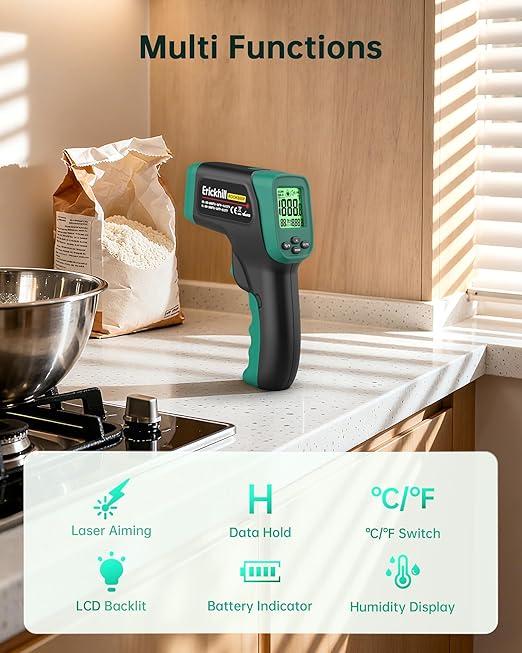 ERICKHILL Infrared Thermometer Gun, Dual Mode IR Laser Thermometer with -50°C~800°C and Meat Probe (-50°C~300°C), Non-Contact Digital Thermometer for Cooking, BBQ, and Industrial Use