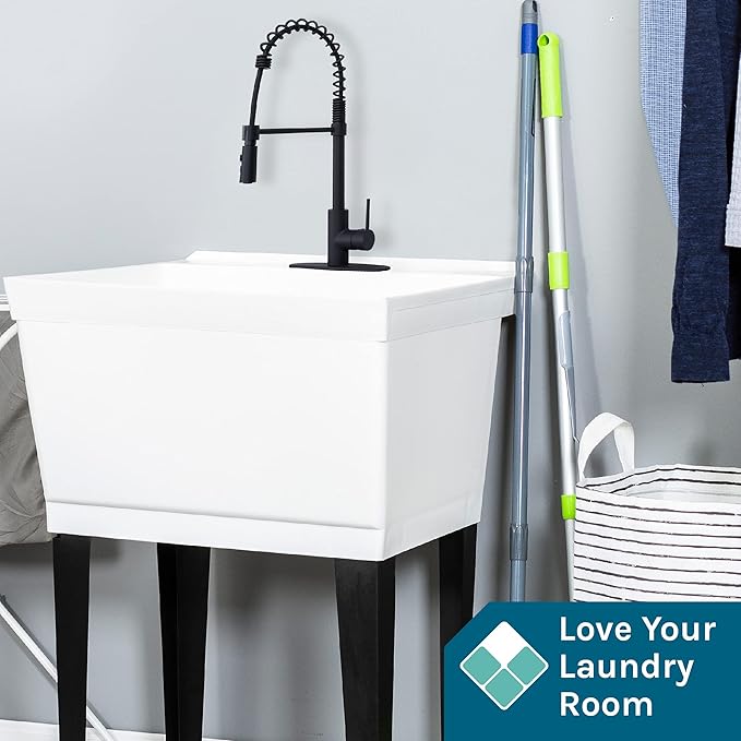 Utility Sink Extra-Deep Laundry Tub in White with High-Arc Coil Pull-Down Sprayer Faucet in Matte Black, Integrated Supply Lines, P-Trap Kit, Heavy Duty Floor Mounted Freestanding Wash Station