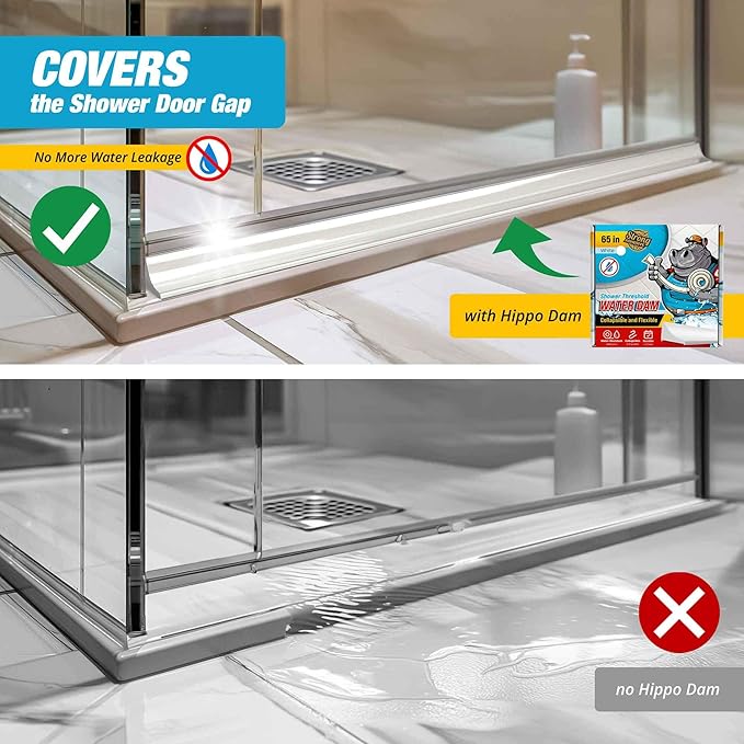 Shower Threshold Water Dam Barrier - White Collapsible Shower Water Blocker - Guard for Walk in Shower - Water Guard Stopper for Floor - Shower Door Water Blocker - By Hippo Dam (65 In, White)