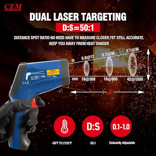 CEM DS 50:1 Infrared Thermometer Temperature Gun,-58°F to 2192F°Adjustable Emissivity IR Temp Gun,Dual Laser HVAC Cooking Pyrometer,0.15S Response Thermal Heat Leak Detector with K-Type Probe&USB