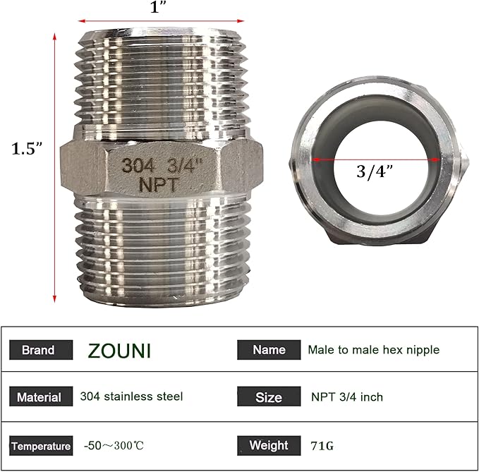 4PCS 3/4" x 3/4" NPT Male Hex Nipple Pipe Fittings, 304 Stainless Steel 3/4 inch MNPT Threaded Pipe Adapter Fittings Equal Nipples Straight Connector