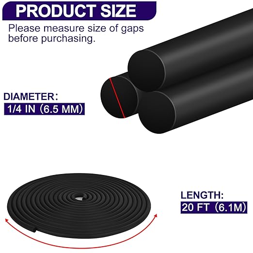 ToLanbbt Backer Rod EPDM Rubber 1/4" Diameter x 20' Length Caulk Saver Door Window Weather Stripping Seal for Concrete Filling Joints and Gaps (Black)
