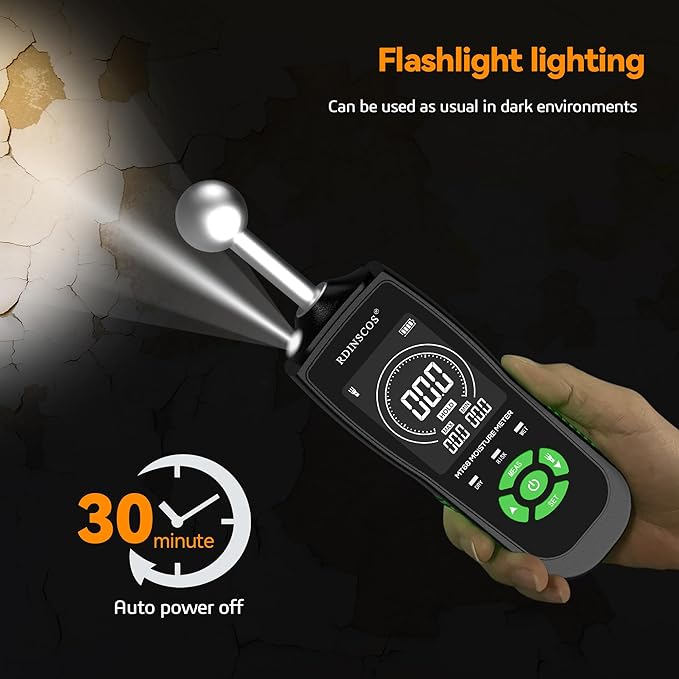 RDINSCOS Pinless Moisture Meter with Ball Sensor – Digital Moisture Detector for Walls, Wood, Drywall, Concrete – Non-Destructive Scanner with LED Flashlight & Custom Alerts