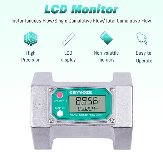 3 Inch Digital Flow Meter, 21-264 GPM Inline NPT Thread Fuel Turbine Flowmeter with LCD Display for Water, Diesel, Gas Oil, Gasoline, and Other Liquids (5 Units: Gallon, QTS, PTS, L, m³)