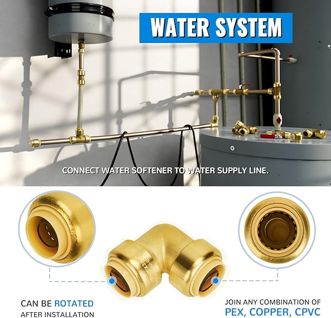 SUNGATOR PEX Elbow, 3/4-Inch Push Fit 90-Degree Plumbing Fitting Pipe Connector with Disconnect Clip, Push-to-Connect, Copper, CPVC, No Lead Brass (2-Pack)