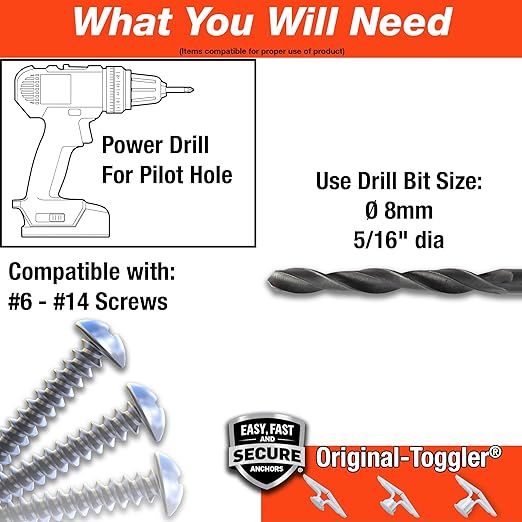 TOGGLER Toggle TB Residential Drywall Anchor with Screws, Polypropylene, Made in US, 3/8" to 1/2" Grip Range, For #6 to #14 Fastener Sizes (Pack of 20)