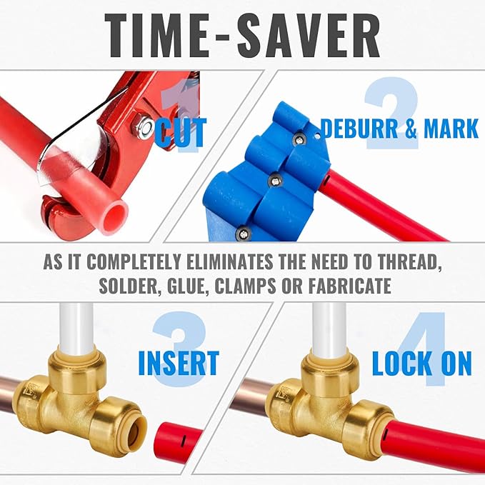 SUNGATOR Push Plumbing Fitting Kit 1/2 Inch, 10 Each Straight Coupling, Elbow, Angle Shut Off Valve, Tee (5 PCS), No Lead Brass Push to Connect Pex Pipe,Copper,CPVC, with 1 Disconnect Clip, Pack of 35