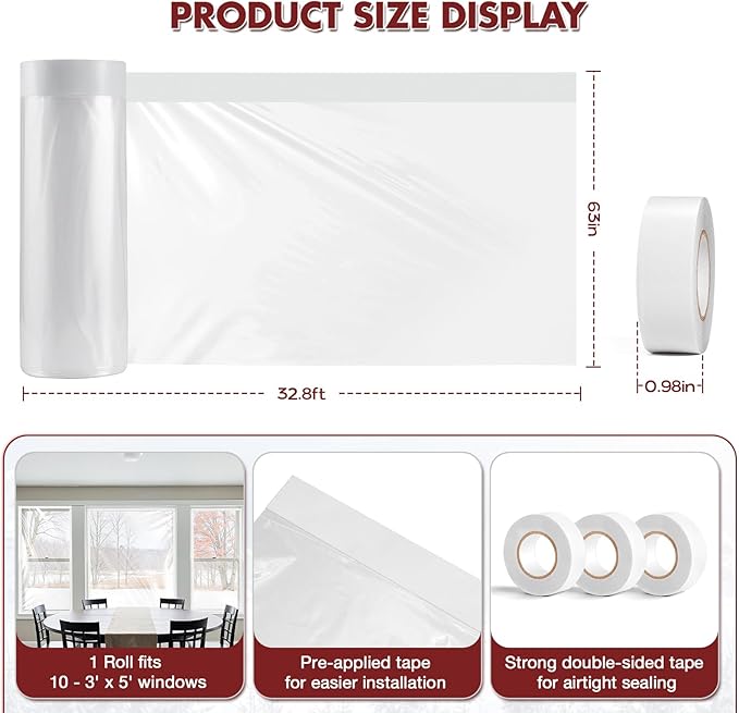 Window Insulation Kit – 63" x 394" Rolled Shrink Film with Double-Sided Tape for Up to 10 3' x 5' Windows, Window Plastic for Winterizing, Easy to Install & Energy Saving