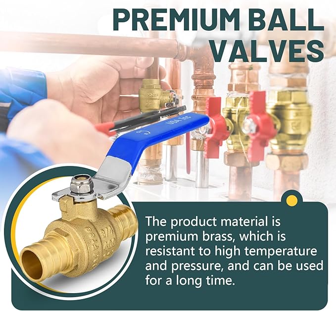 10 Pack Ball Valves, 3/4" Pex Crimp Shut Off Valve Blue, Brass Full Port Pex B Shut Off Ball Valve for Hot and Cold Water, NSF/ANSI 61 Certified