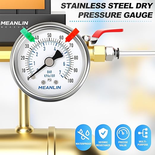 MEANLIN MEASURE 0~100Psi Dry Pressure Gauge Stainless Steel 1/4" NPT 2" FACE DIAL Waterproof for Well Pump Water Tire Water Pressure Tester Back Mount (with 2PCS Snaps)
